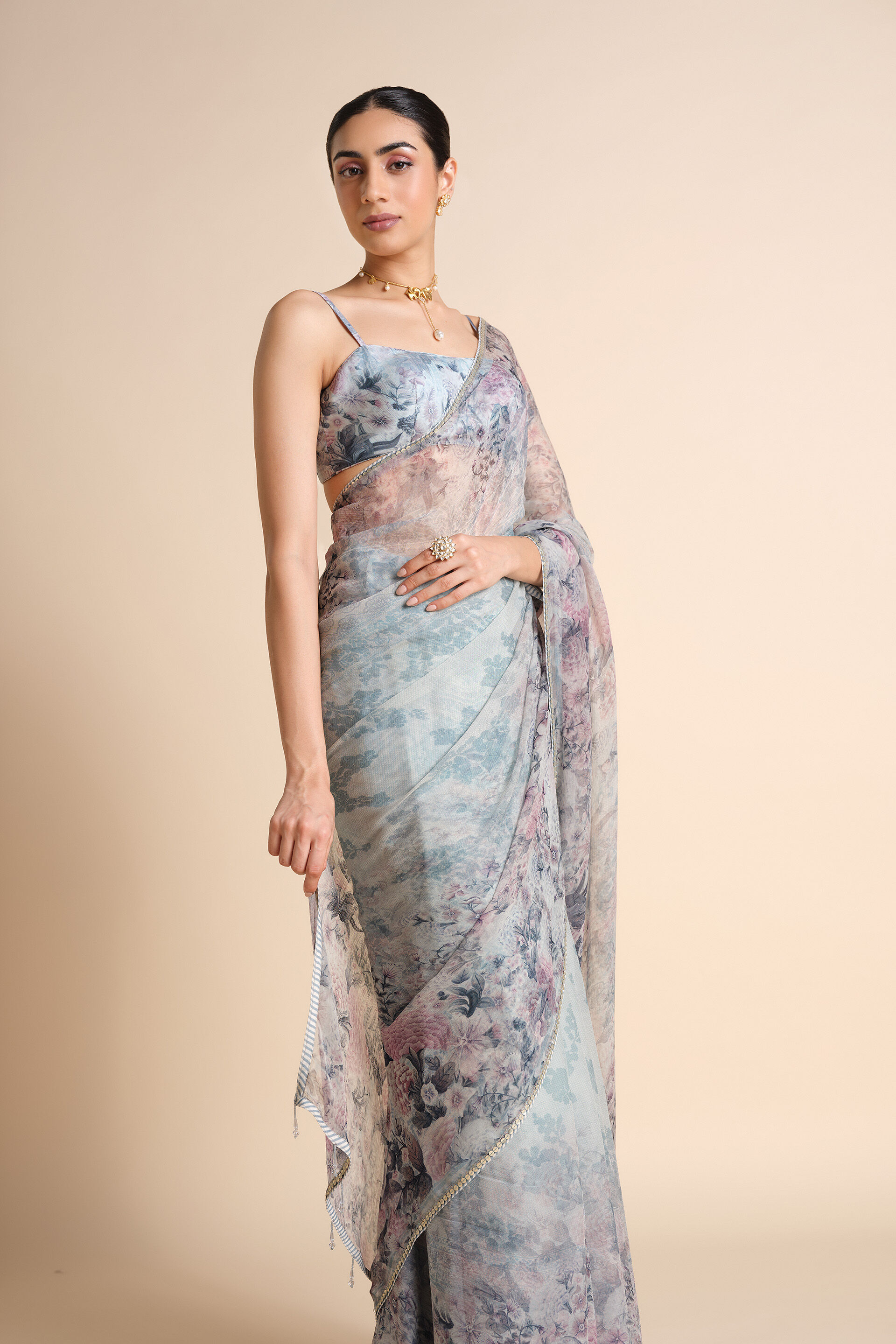 Flores Chiffon Saree - Powder Blue, Powder Blue, image 4